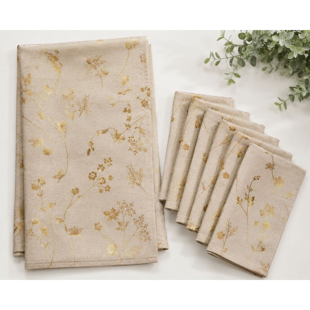 Colordrift Deluxe Gold Metallic Leaf Floral Tablecloth & 6 Napkins Set NWT
